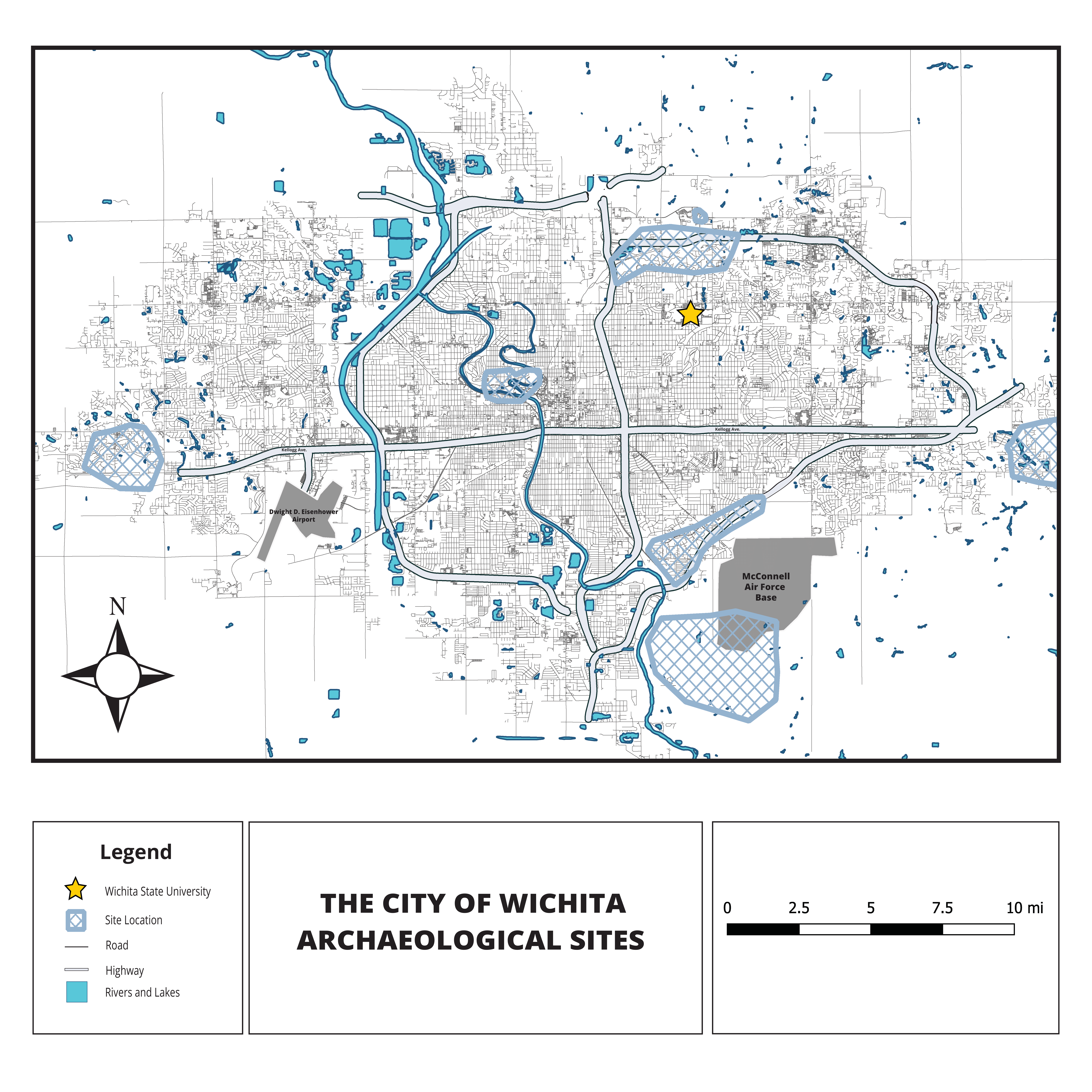 Map of Wichita. Different areas are shaded blue to represent where archaeological surveys have occurred