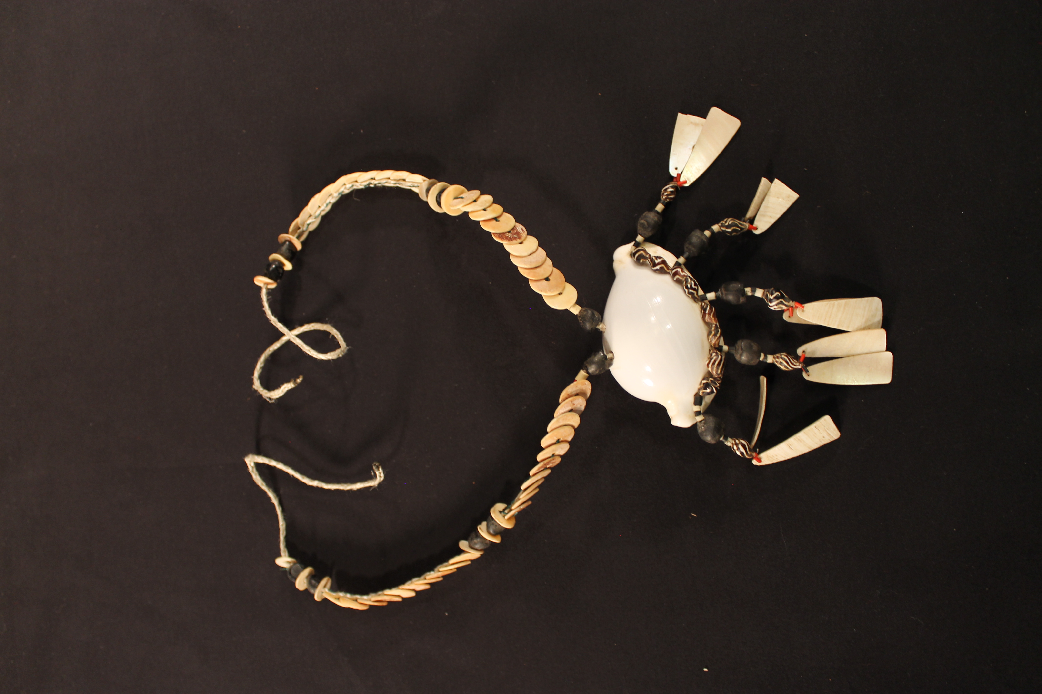 Shell necklace with a large shell in the center that has tassels hanging off that have shells on them.