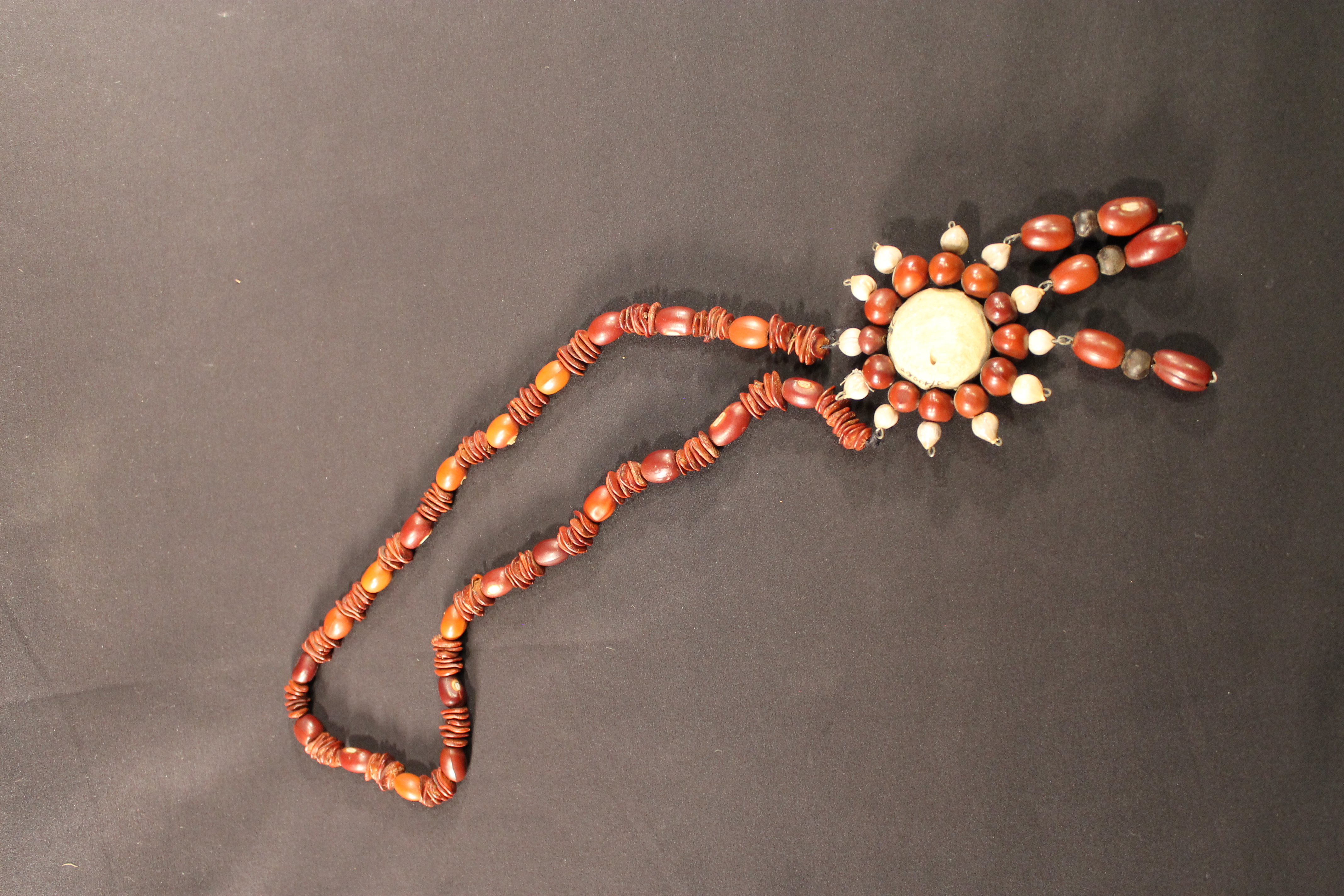 Necklace made of seeds on a string. The center has a larger seed pendant that has three strings hanging off of it with additional beads attached. 