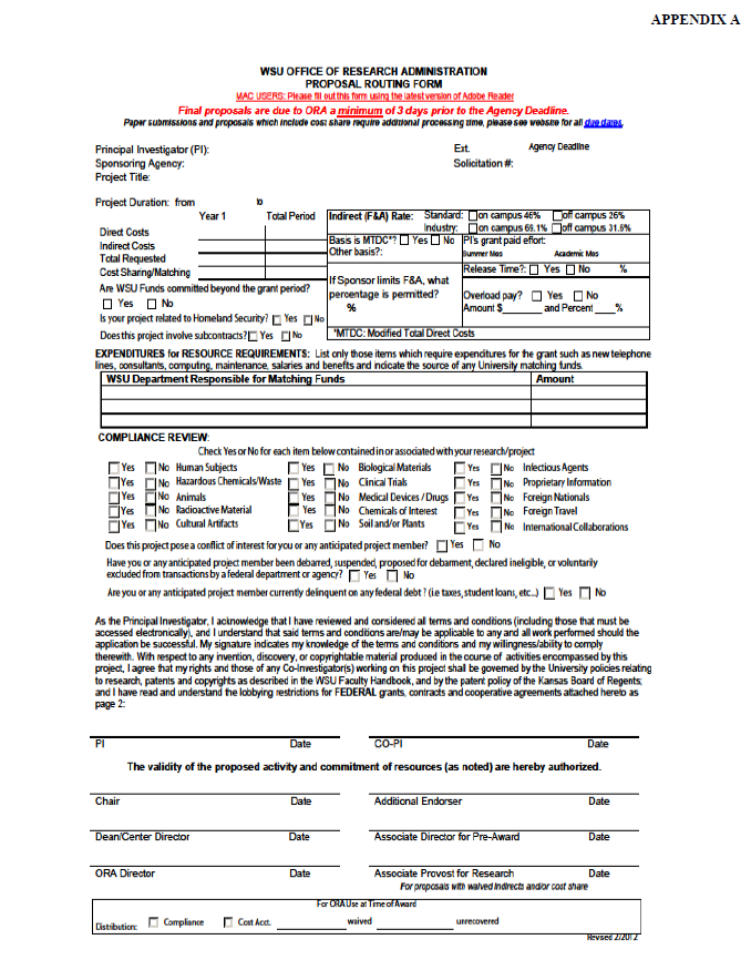 WSU OFFICE OF RESEARCH ADMINISTRATION PROPOSAL ROUTING FORM APPENDIX A
