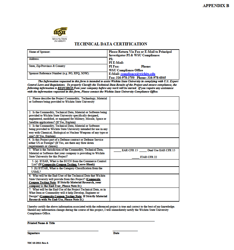 TECHNICAL DATA CERTIFICATION FORM APPENDIX B