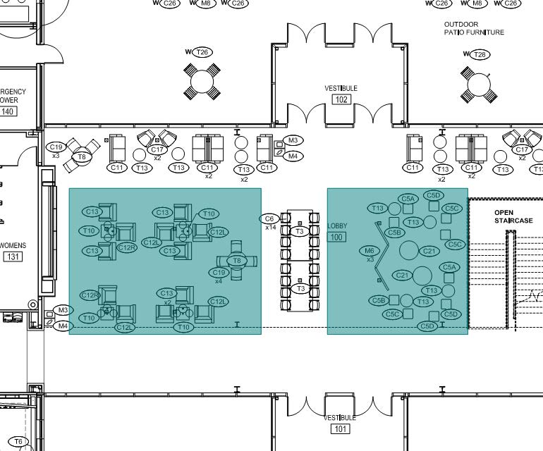 JBC Lobby layout with movable furniture highlighted
