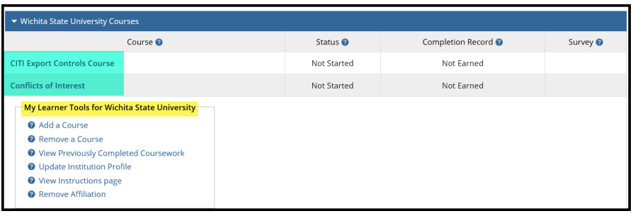 You may be required to take additional courses, depending upon your role. Common modules include: CITI Export Controls Course Conflicts of Interest You may be required to take additional courses, depending upon your role. Common modules include: CITI Export Controls Course Conflicts of Interest