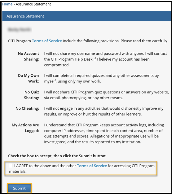 Assurance Statement a. Read the Assurance Statement’s Terms of Service b. Check the I Agree box c. Click Submit to proceed Assurance Statement a. Read the Assurance Statement’s Terms of Service b. Check the I Agree box c. Click Submit to proceed
