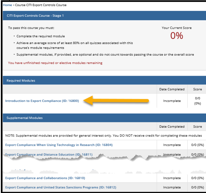 Complete the required module Introduction to Export Compliance Take the quiz at the end To pass the course, an average score of at least 80% on all quizzes associated with the course’s module is required Complete the required module Introduction to Export Compliance Take the quiz at the end To pass the course, an average score of at least 80% on all quizzes associated with the course’s module is required