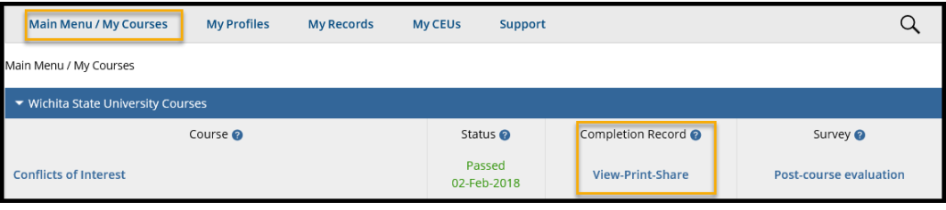 Under My Courses, locate the completed course whose transcript you want to share and select the option View-Print- Share Under My Courses, locate the completed course whose transcript you want to share and select the option View-Print- Share