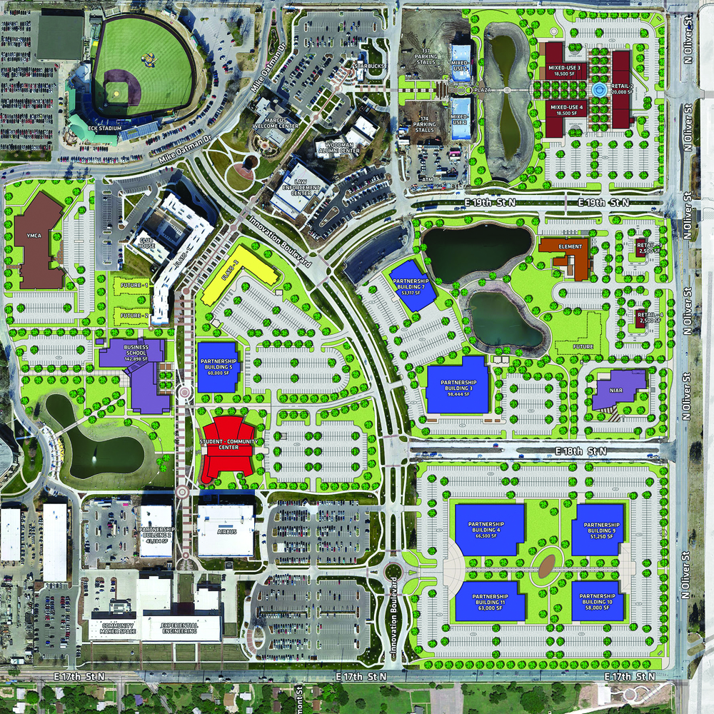 Artists rendering of aerial view of Innovation Campus, showing buildings, parking lots, roads
