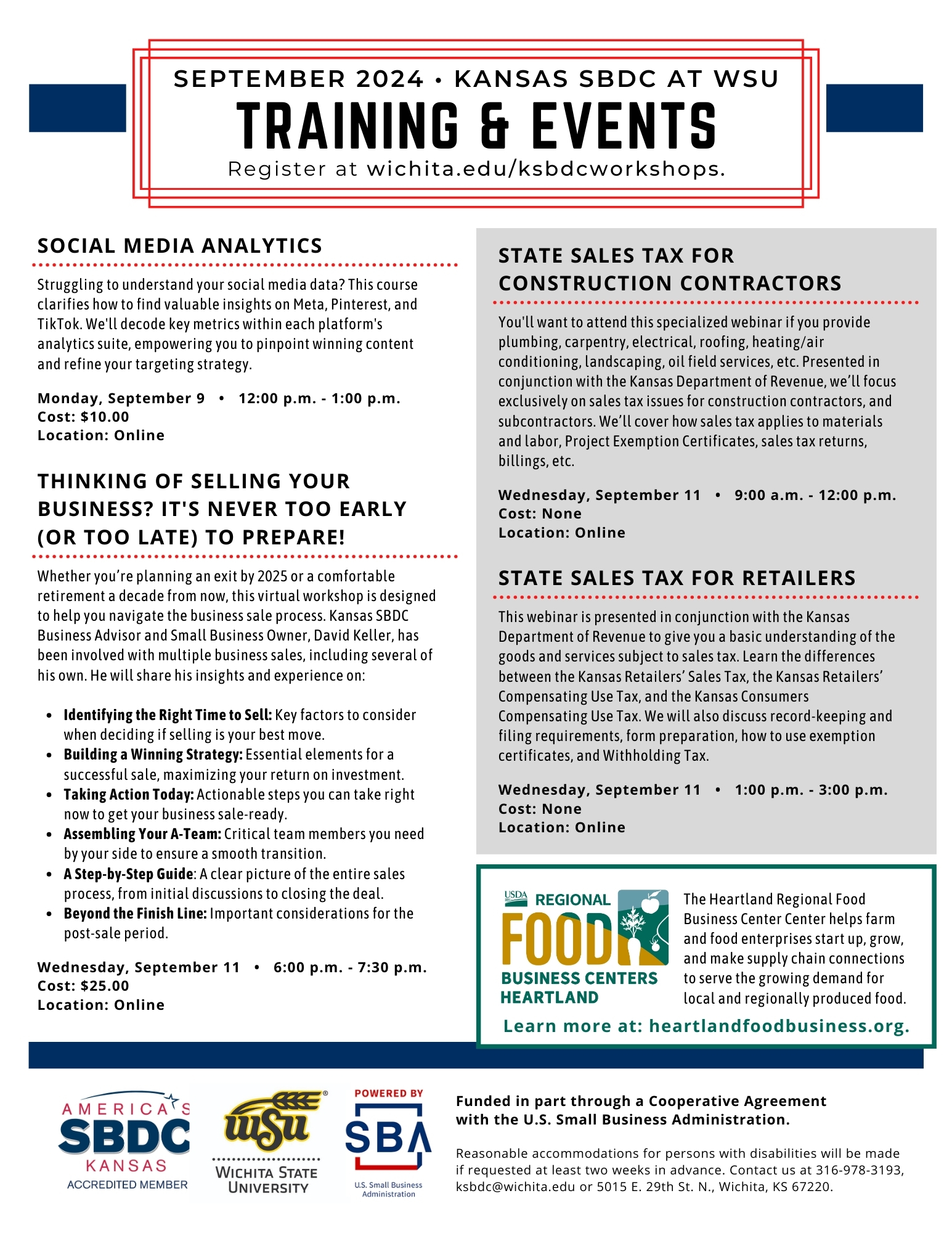 Kansas SBDC at WSU September 2024 Training & Events Flyer