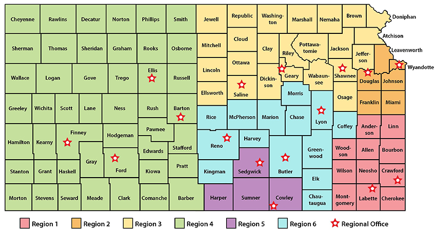 Kansas Kids @ GEAR UP regional map Map of Kansas Kids @ GEAR UP statewide regions by county