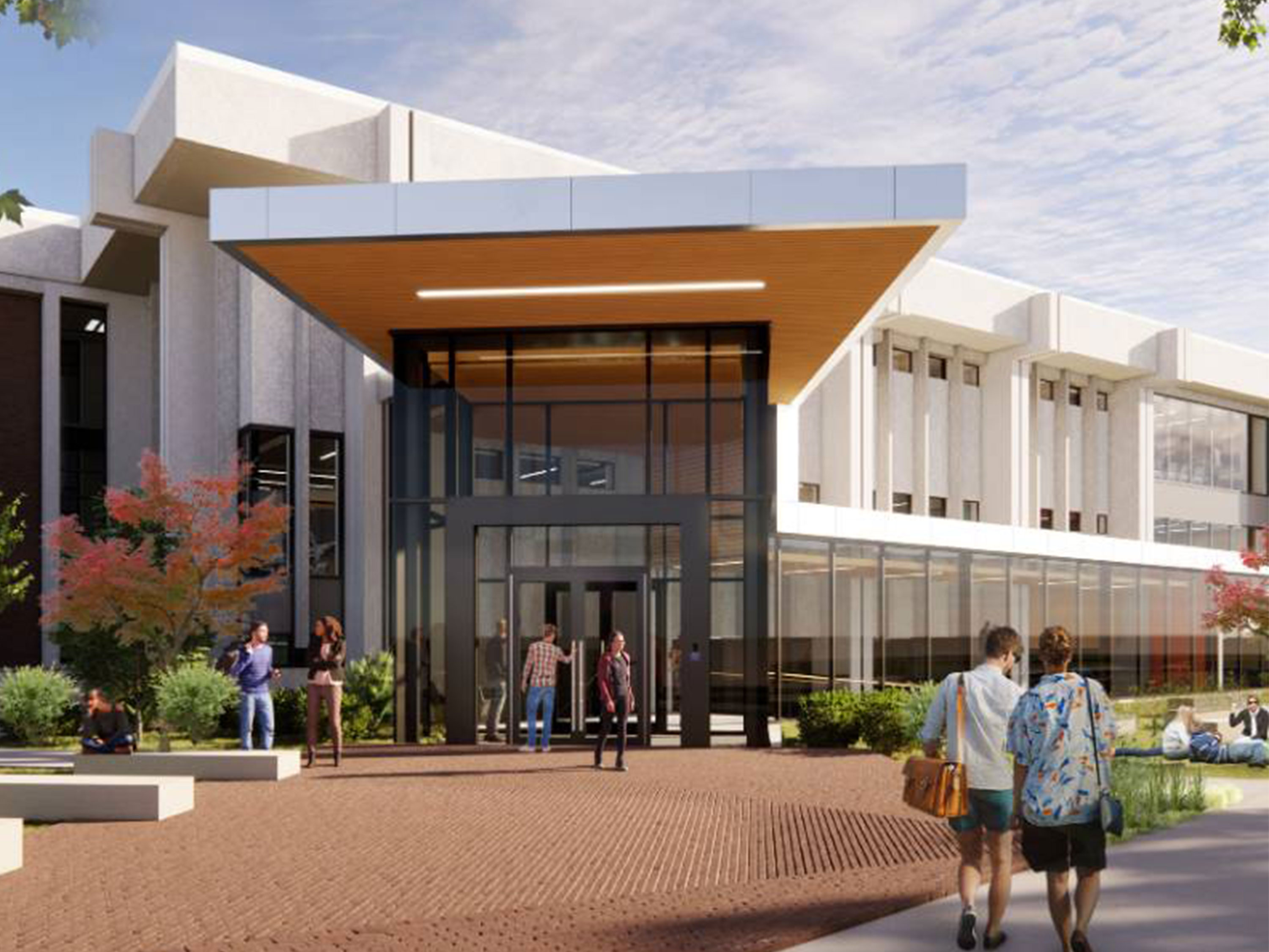 View of the entrance of Grace Wilkie Hall.