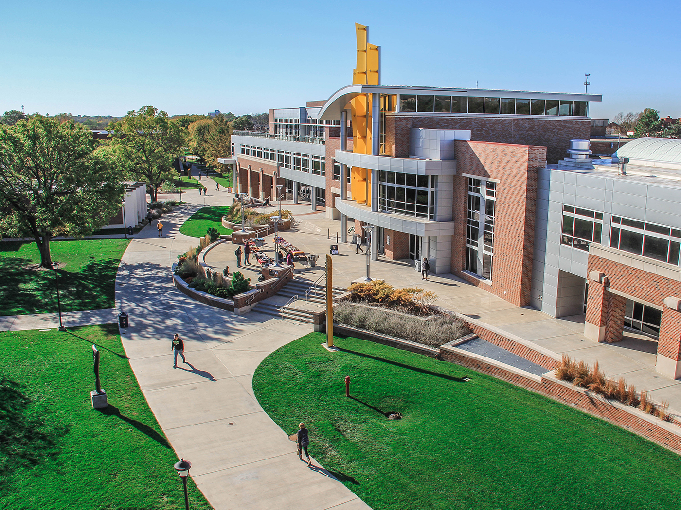 An aerial shot of the east side of the Rhatigan Student Center.