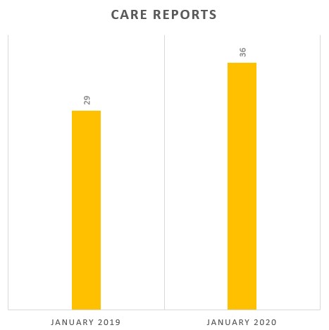 A graph of Care Team data comparing case numbers in January 2019 and 2020