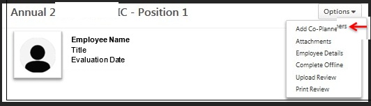 my performance page with the option dropdown menu selected and an arow pointing to the add co-planners option