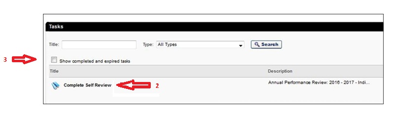 My performance tasks page with an arrow pointing to employee evaluation on the bottom left of the page and an arrow pointing to the show completed and expired tasks checkbox above the employee evaluation
