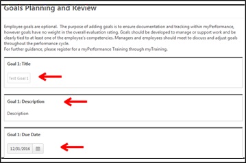 My performance goals planning and review page showing where to put the title, description, and due date of goal 1.