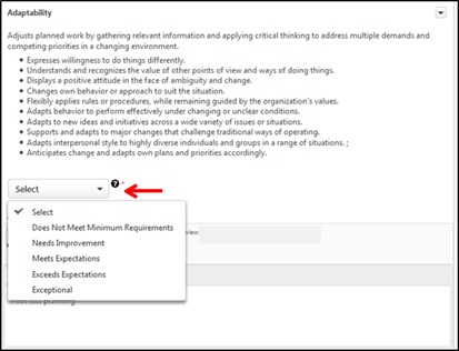 My performance rate competencies options showing options for does not meet minimum requirements, needs improvement, meets expectations, exceeds expectations, and exceptional