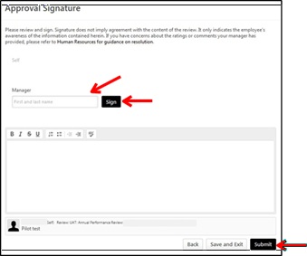 My performance approval signature page with arrows pointing to the signature field, sign button, and the submit button