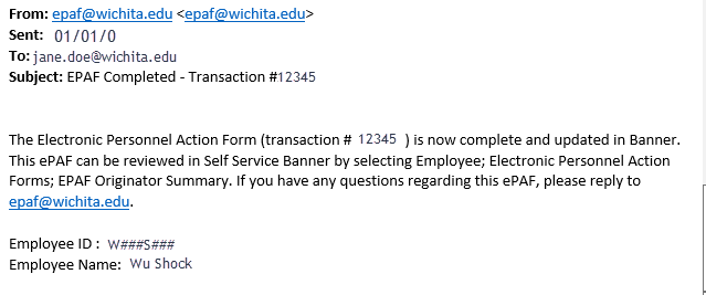 Epaf confirmation email screenshot
