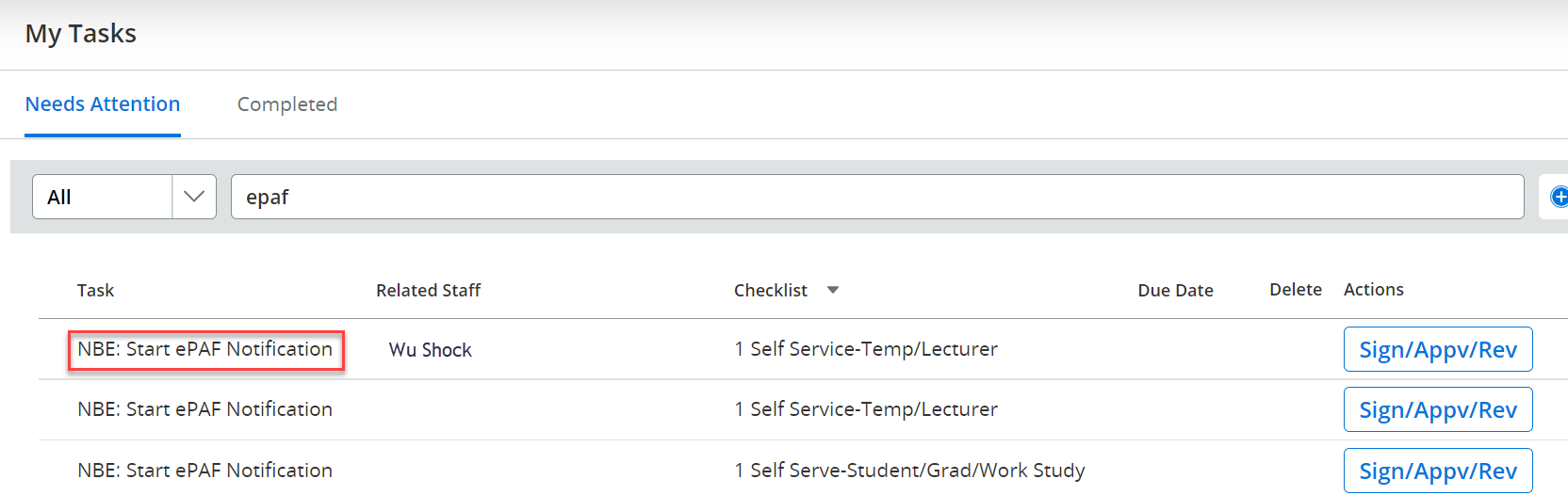 Screenshot illustrating the My Tasks pane with the NBE/ePAF line highlighted. 