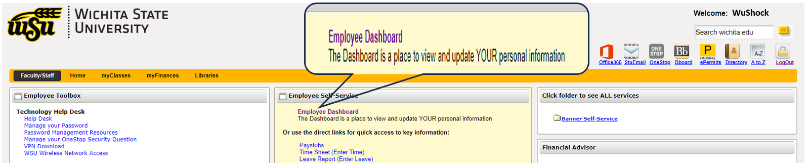 Employee self services screenshot with callout bubble of the Employee Dashboard link in the center column.