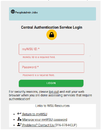 Screenshot of the Central Authentication Service Login for single sign on using your myWSU ID and network password.