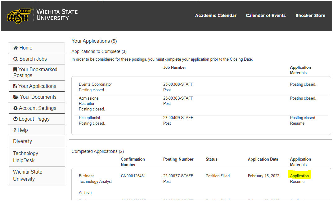 Screenshot of open applications to complete and history of completed applications.  Full application for each position can be viewed/printed by using the Application link on the right side of the screen.