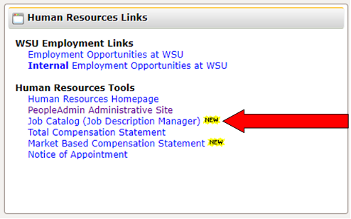 The Human Resources Links Channel within myWSU. A red arrow points to the link for the "Job Catalog (Job Description Manager)".