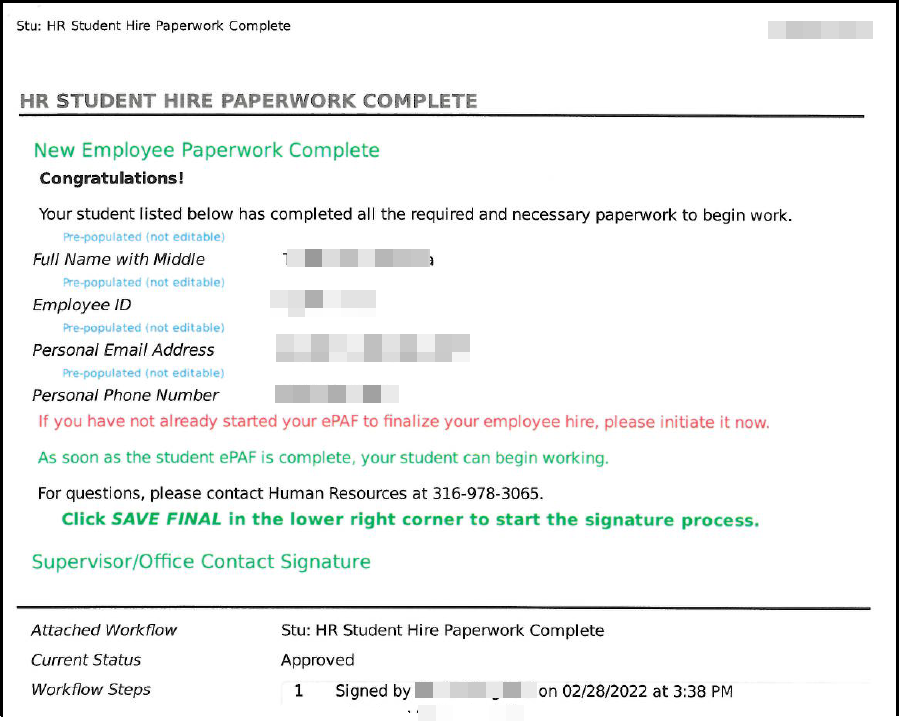 Image of email from HR stating that the onboarding process is complete