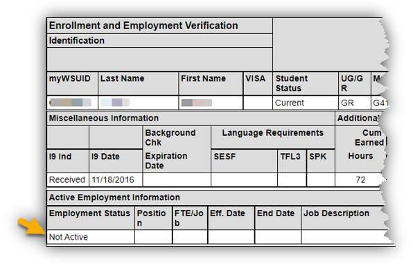 Image of location for in-active status on the Employment Verification report in Reporting Services