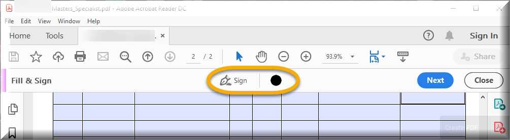Sign button in the toolbar