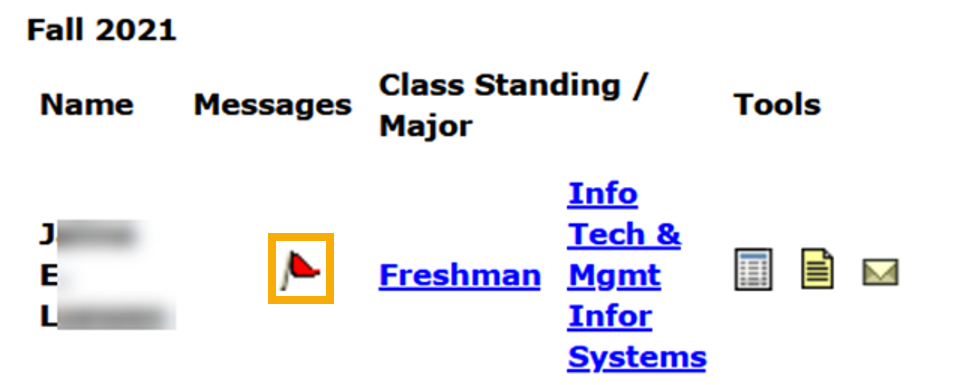 Student information in advisor dashboard with flag icon highlighted