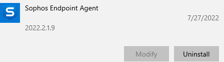 Sophos endpoint agent screenshot with uninstall button. 
