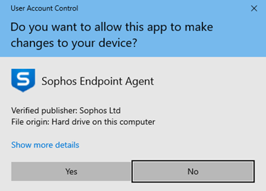 Pop up message screenshot to allow Sophos Endpoint Agent to make changes to your device. Yes and No buttons are included. 