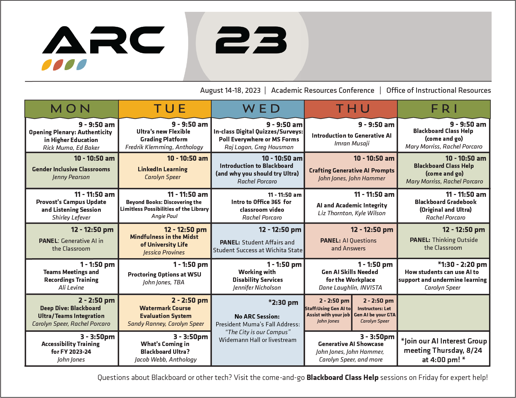 Table of ARC August 2023 schedule