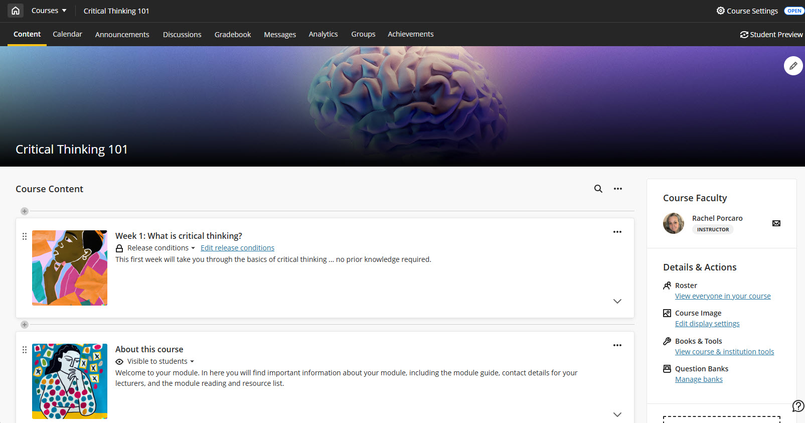 Screenshot of new course layout, with home button and course switcher