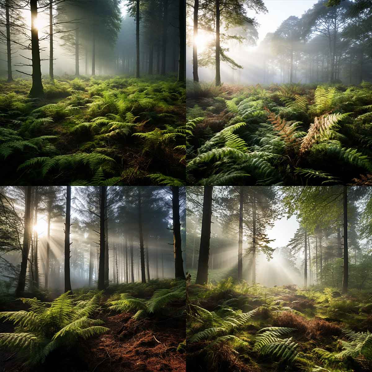 AI generated image(s) of a forest landscape featuring ferns and directional lighting.