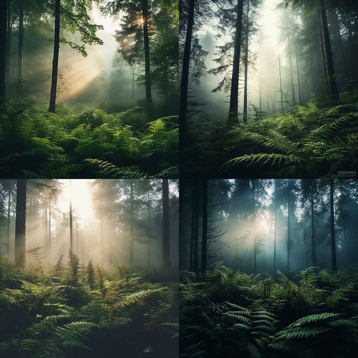 AI generated image(s) of a forest landscape featuring cinematic directional lighting.