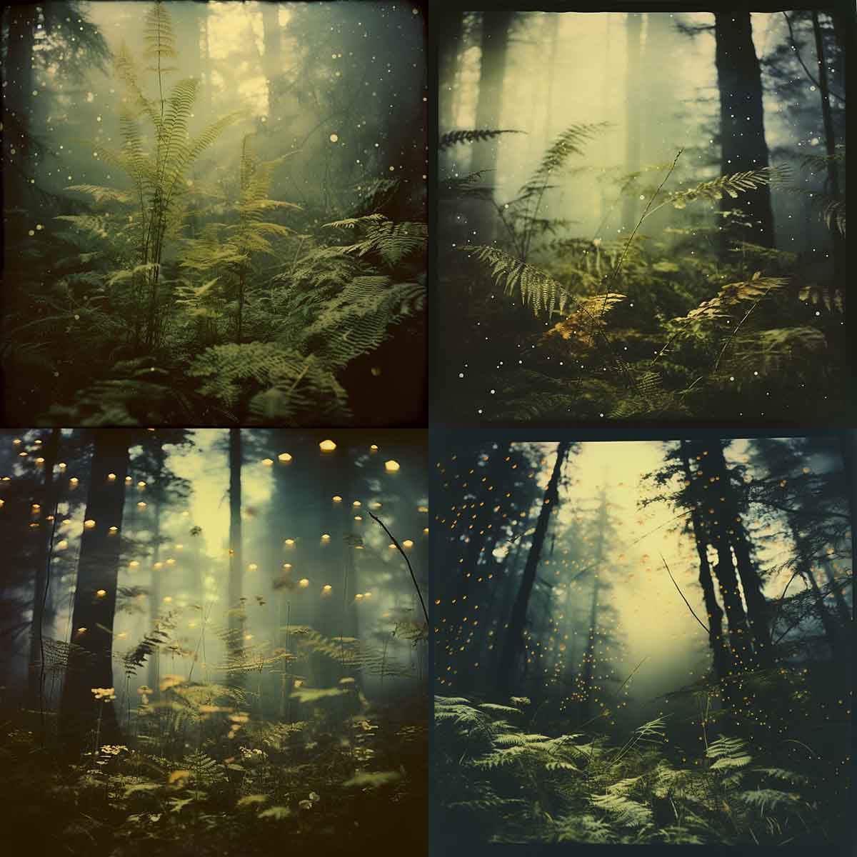 Stylized AI generated image(s) of a forest landscape with fireflys hovering in morning light.