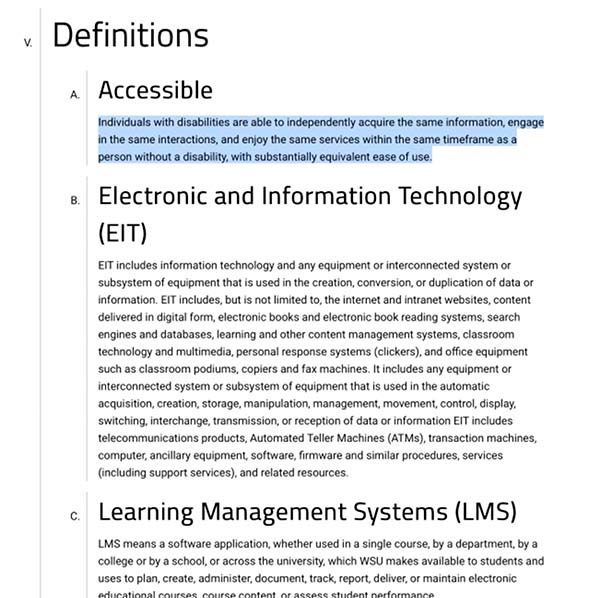 image of WSU's definition of accessible