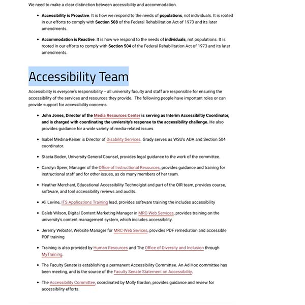 screenshot of WSU's accessiblity team page