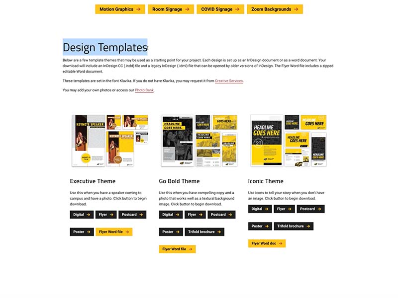 screen grab of the available templates in Strat Comm's website