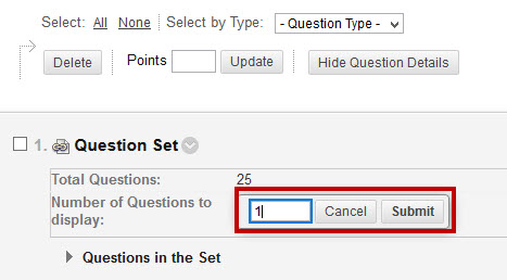 Image of adjusting number of questions to display in Blackboard Question Sets