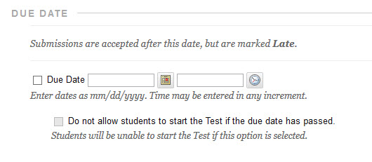 Image of the Due Date setting in tests on Blackboard