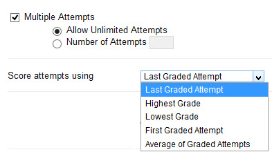 Selection options are available for multiple attempts or unlimited attempts, and a dropdown menu explains the options for which attempt is graded