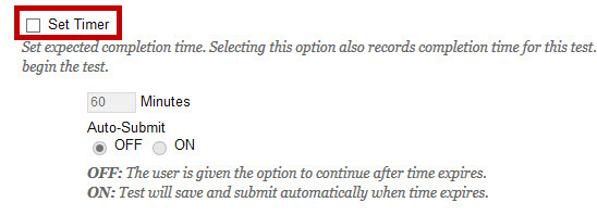 Test timer selection boxes and auto-submit options