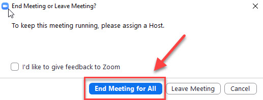 Zoom window with "end meeting for all" button highlighted