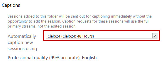 Image of the Cielo24 captions option in Panopto folder settings