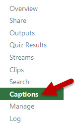 Image of Captions tab in Panopto video menu