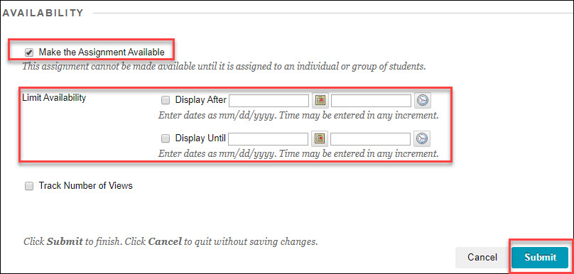 blackboard assignment window with "availability" highlighted