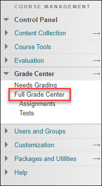 blackboard navigation menu with "full grade center" highlighted